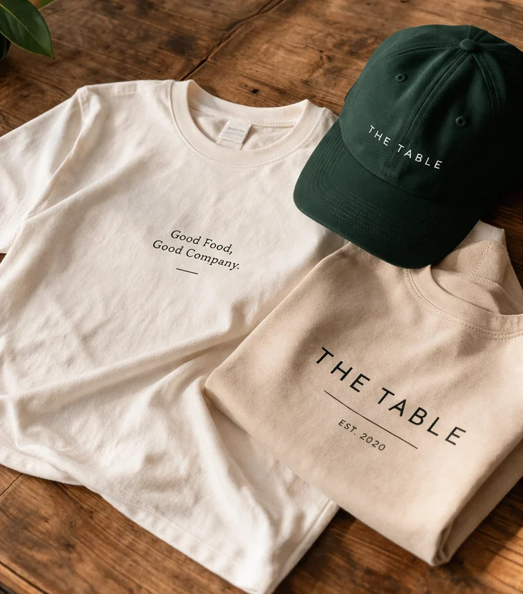 Restaurant branded merchandise including custom t-shirts, hats, and tote bags on display at a host stand
