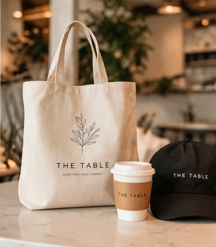 Customer buying branded restaurant merchandise at the counter — t-shirts and stickers on display