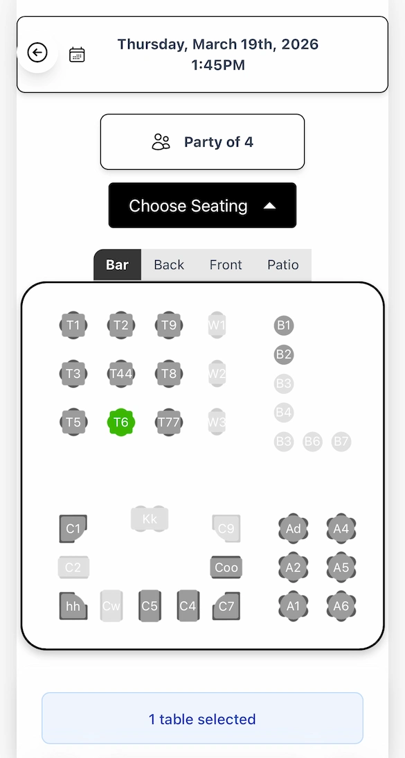 Guest view of online table reservation showing floor plan with available and reserved tables