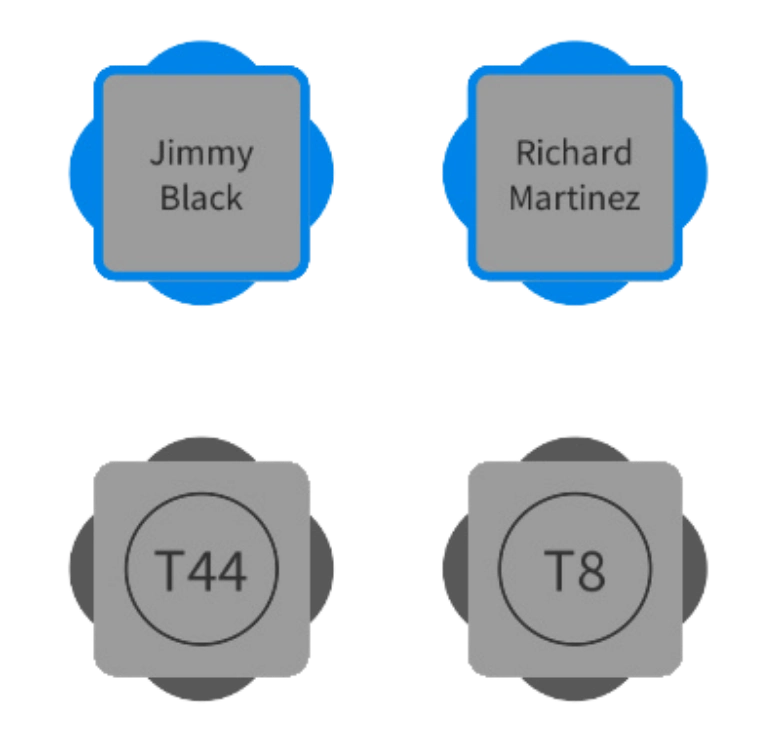 Floor plan showing reserved tables with guest names and blue outlines for upcoming reservations