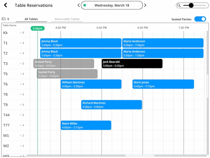 Table reservations floor plan view showing reserved and available tables with time slots