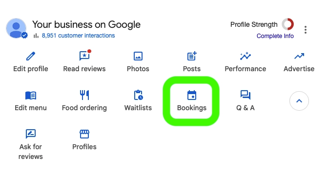 Google Business dashboard showing the Bookings option