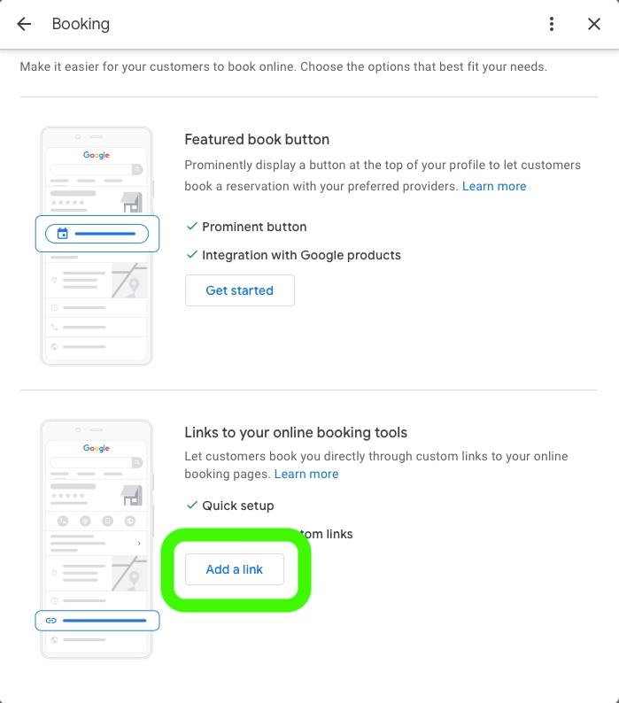 Google Booking settings showing the Add a link button