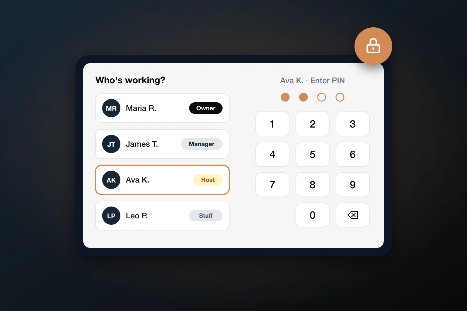 Host stand tablet showing staff logins with roles and a PIN keypad