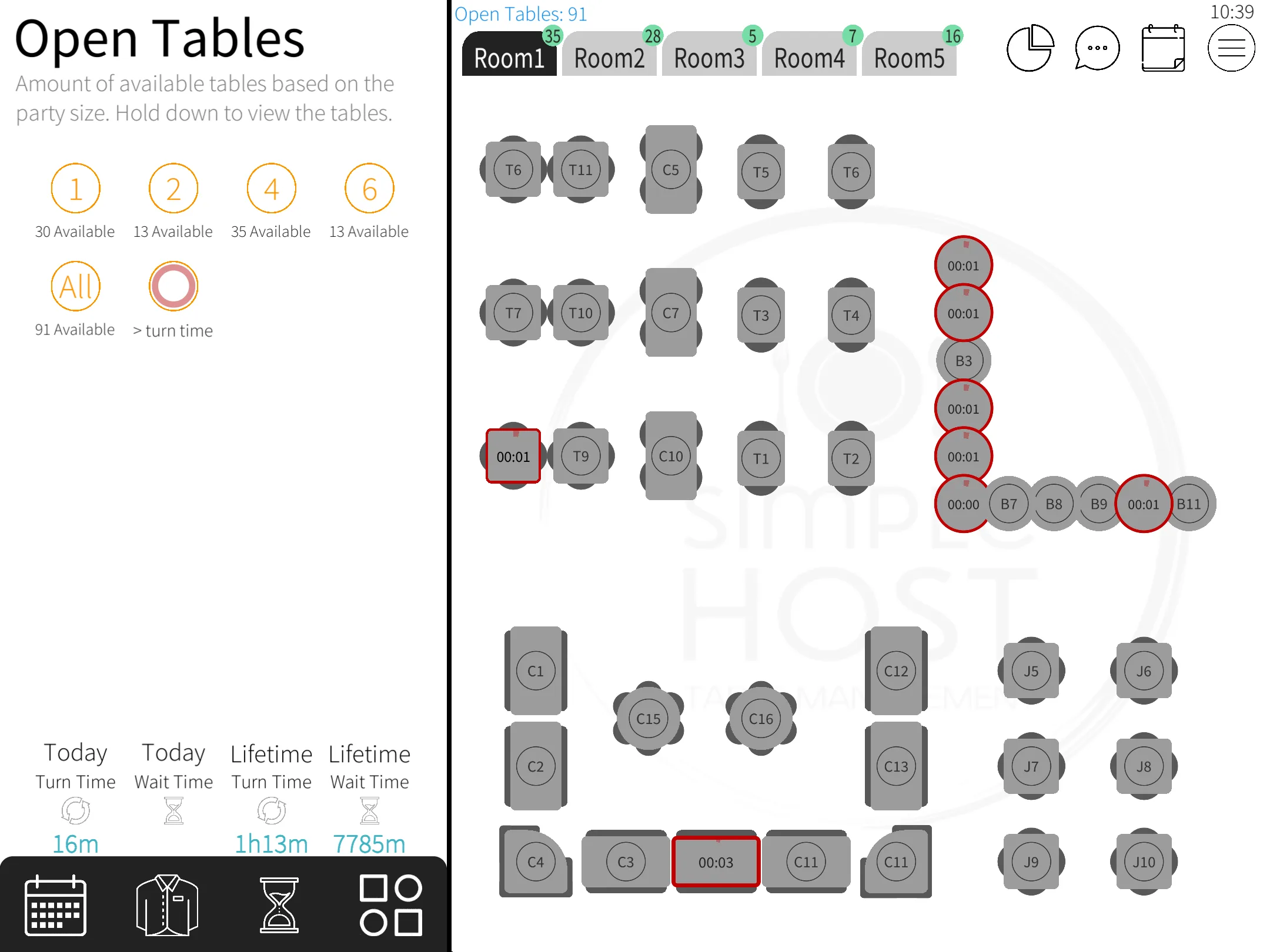 Drag-and-drop restaurant floor plan editor with color-coded table status indicators