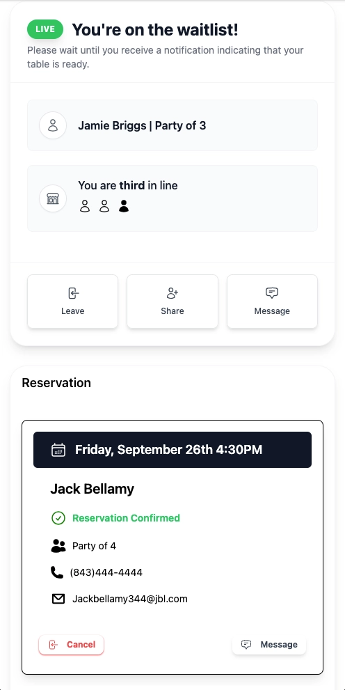 Mobile reservation booking form for restaurant guests