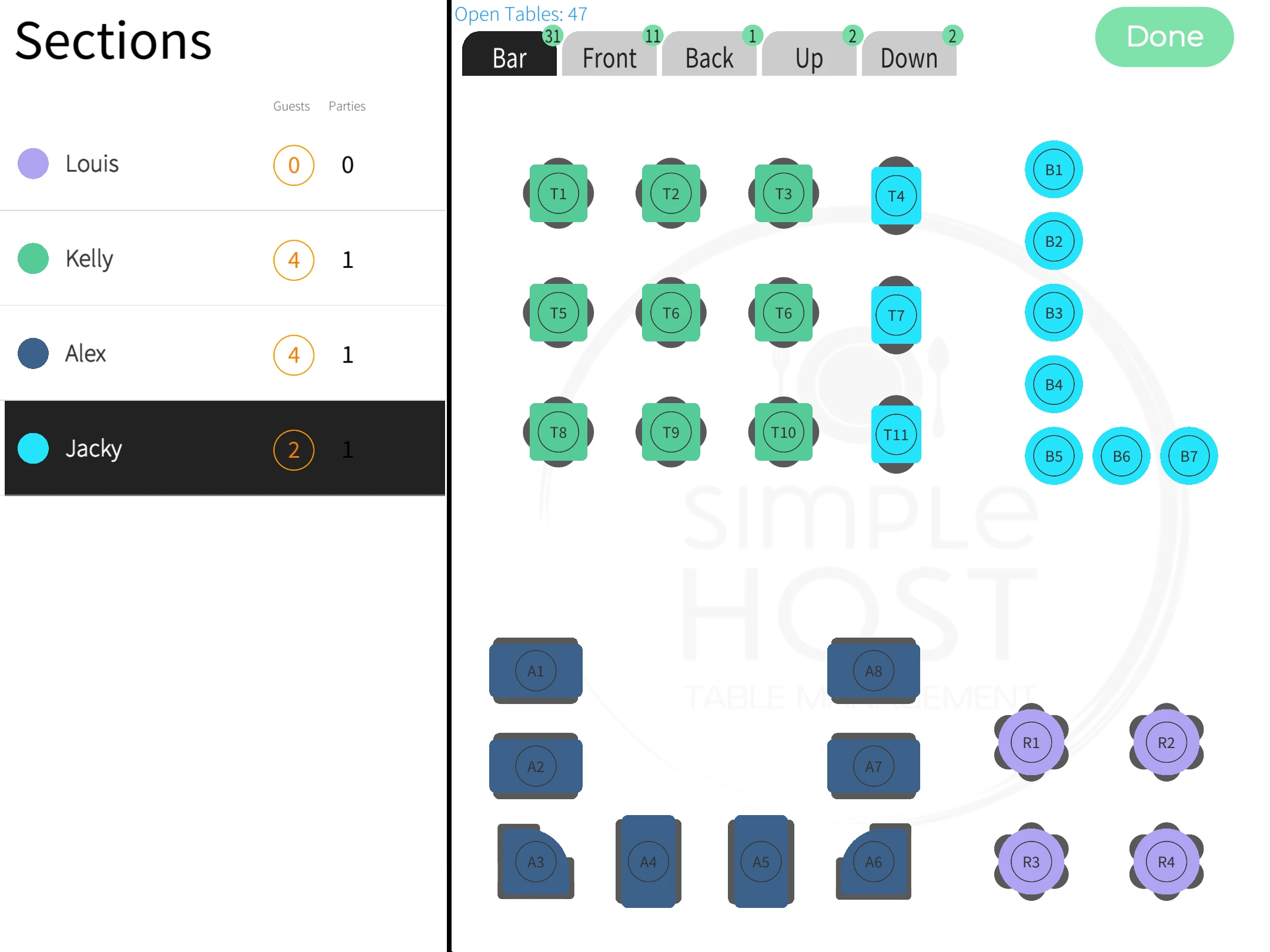 Server section assignment interface showing staff zones and table distribution