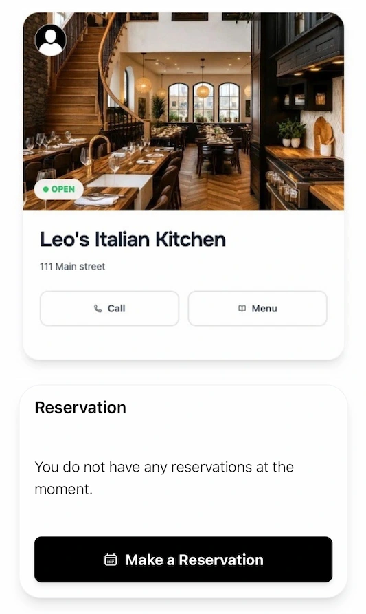 Online reservation landing page showing restaurant info and booking options