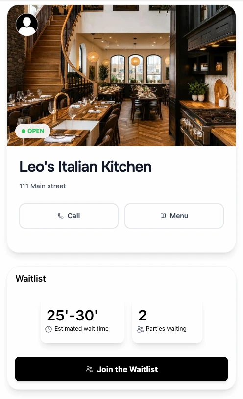 Online waitlist landing page showing restaurant info